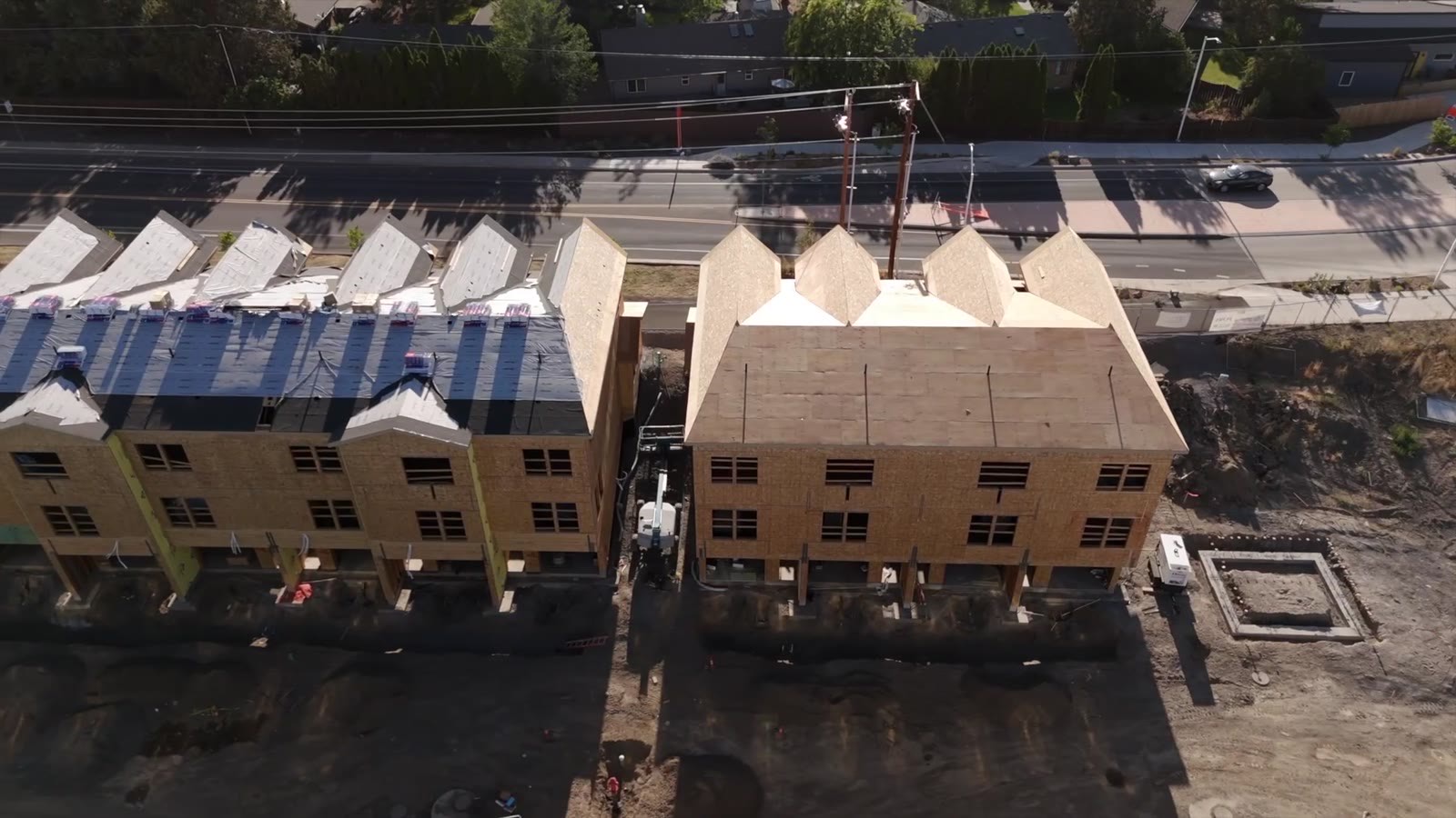 Overhead aerial view of connected construction buildings