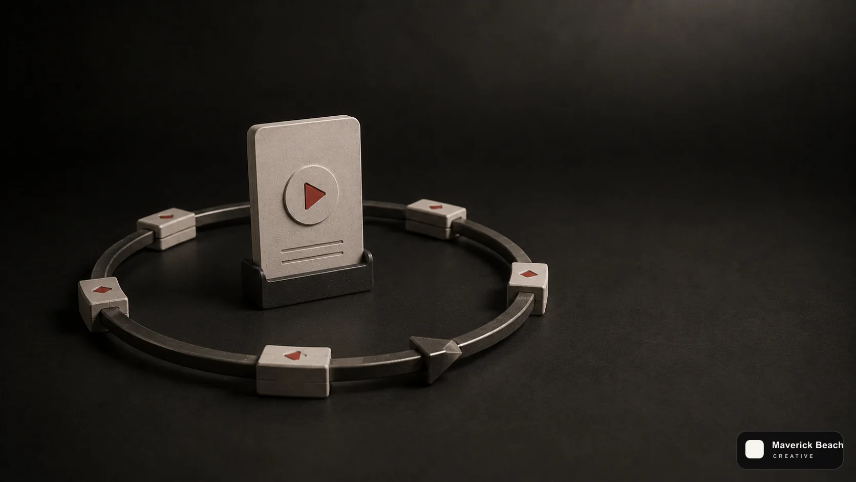 A premium social content lifecycle scene with a video card moving through a circular reuse and distribution path.