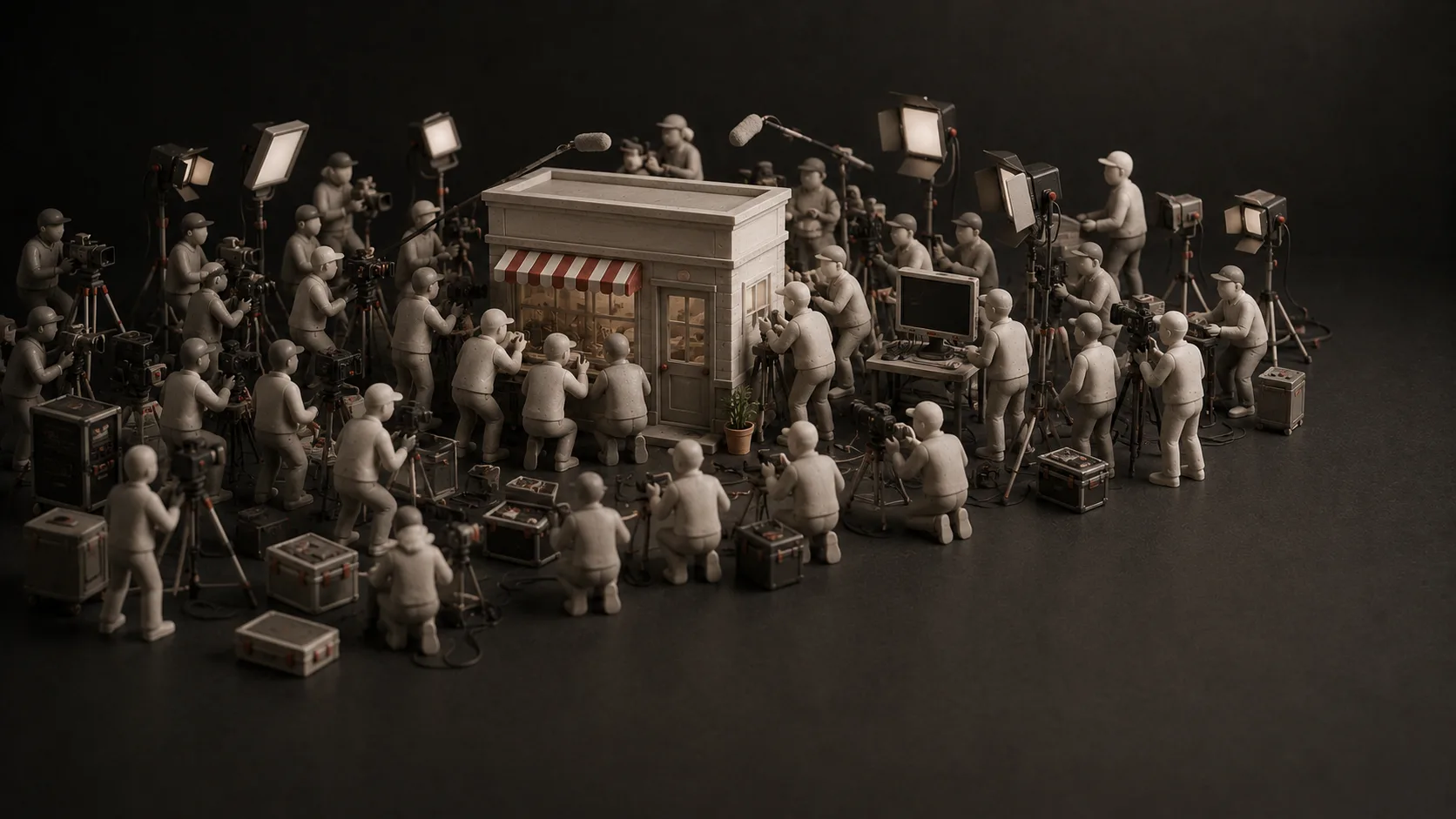 A miniature storefront surrounded by a large video production crew, cameras, lights, monitors, and microphones.