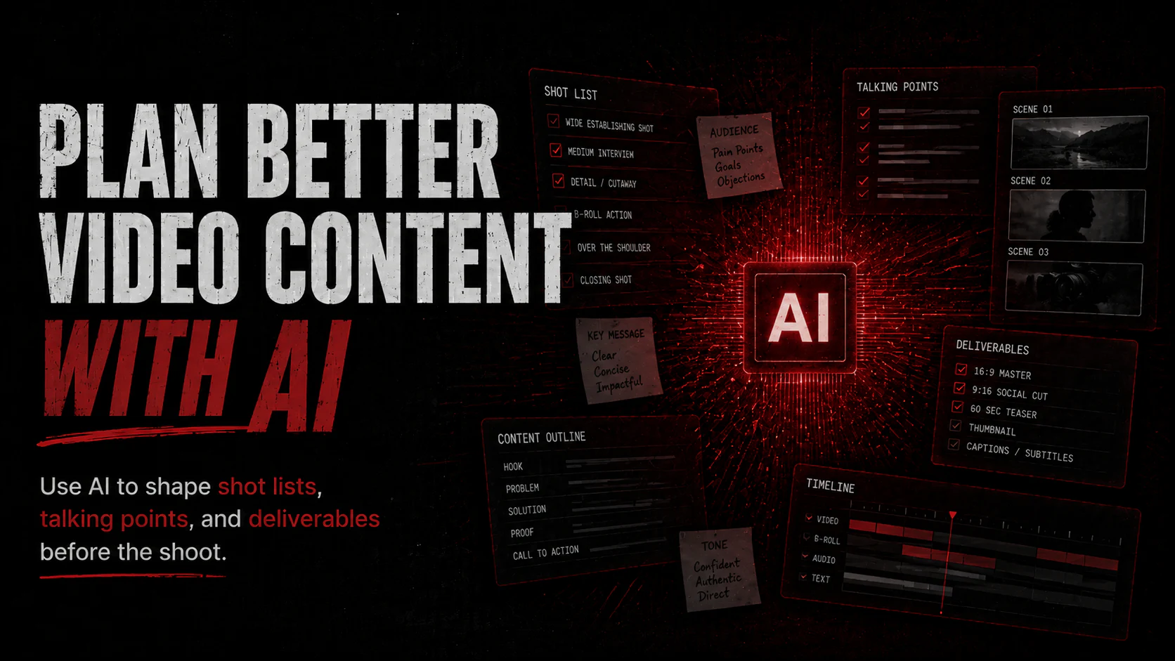 Plan better video content with AI graphic showing shot lists, talking points, deliverables, a content outline, and an editing timeline