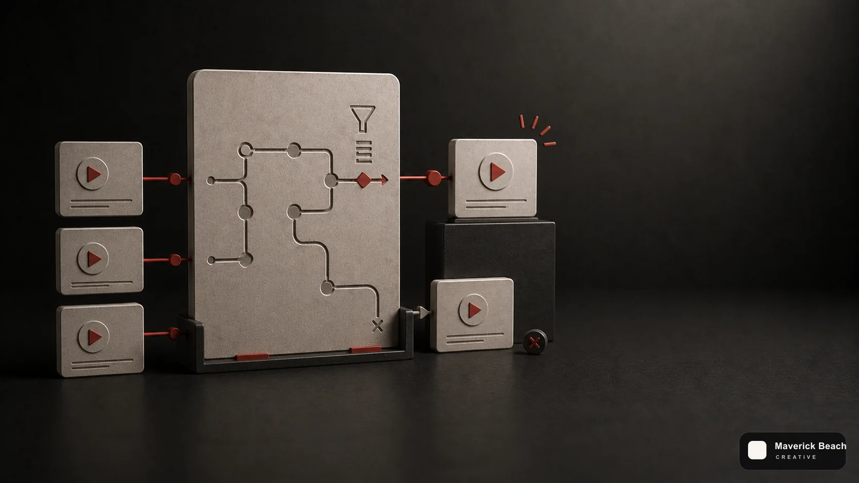 A premium algorithm-routing scene with video cards feeding into a decision board and filtered content outputs.