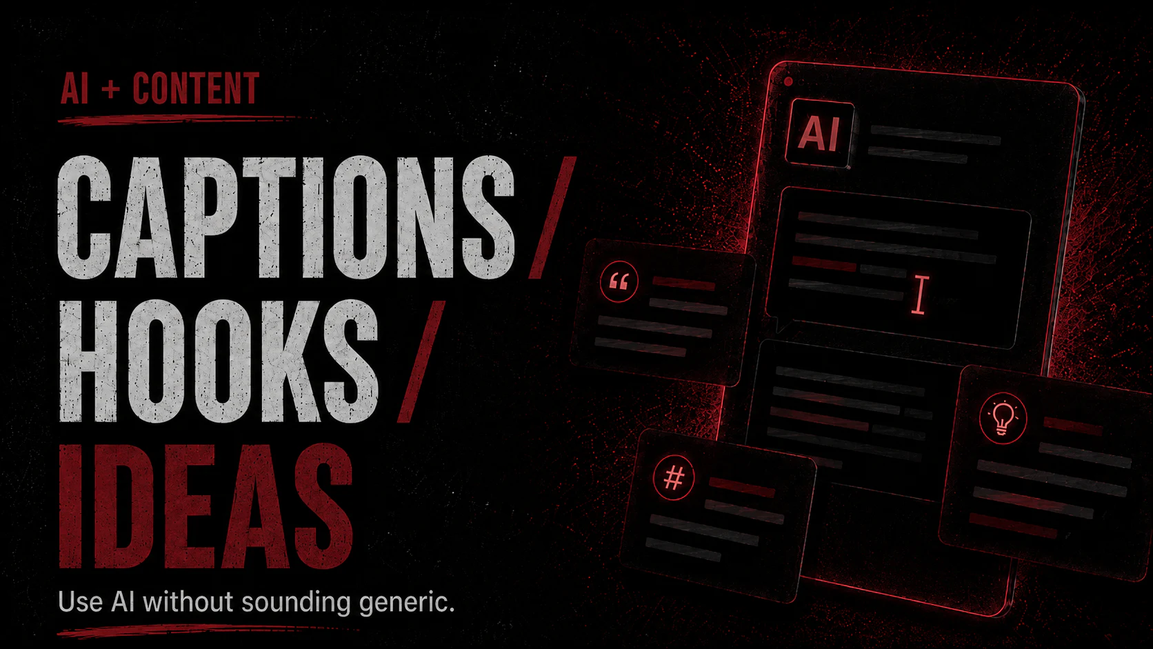Captions, hooks, and ideas graphic showing AI-assisted content cards and the message to use AI without sounding generic