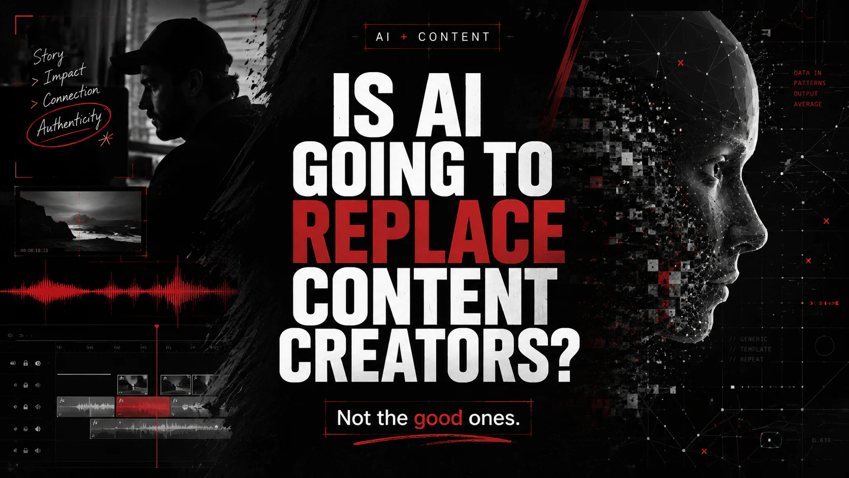 Is AI going to replace content creators graphic showing a creator, editing timeline, and digital AI profile