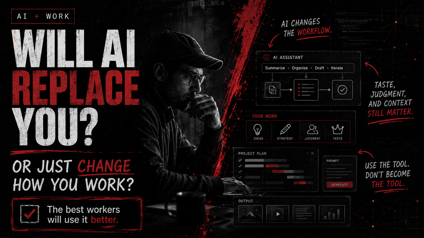 Will AI replace you or change how you work graphic showing a worker using an AI-assisted workflow