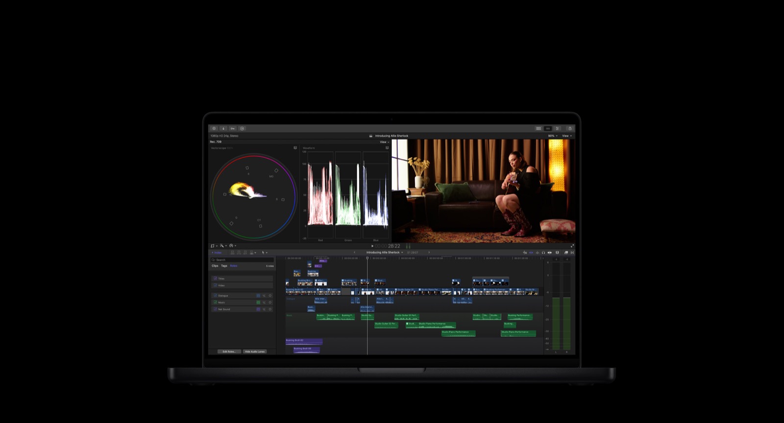 Video editing timeline for post-production pacing and finishing