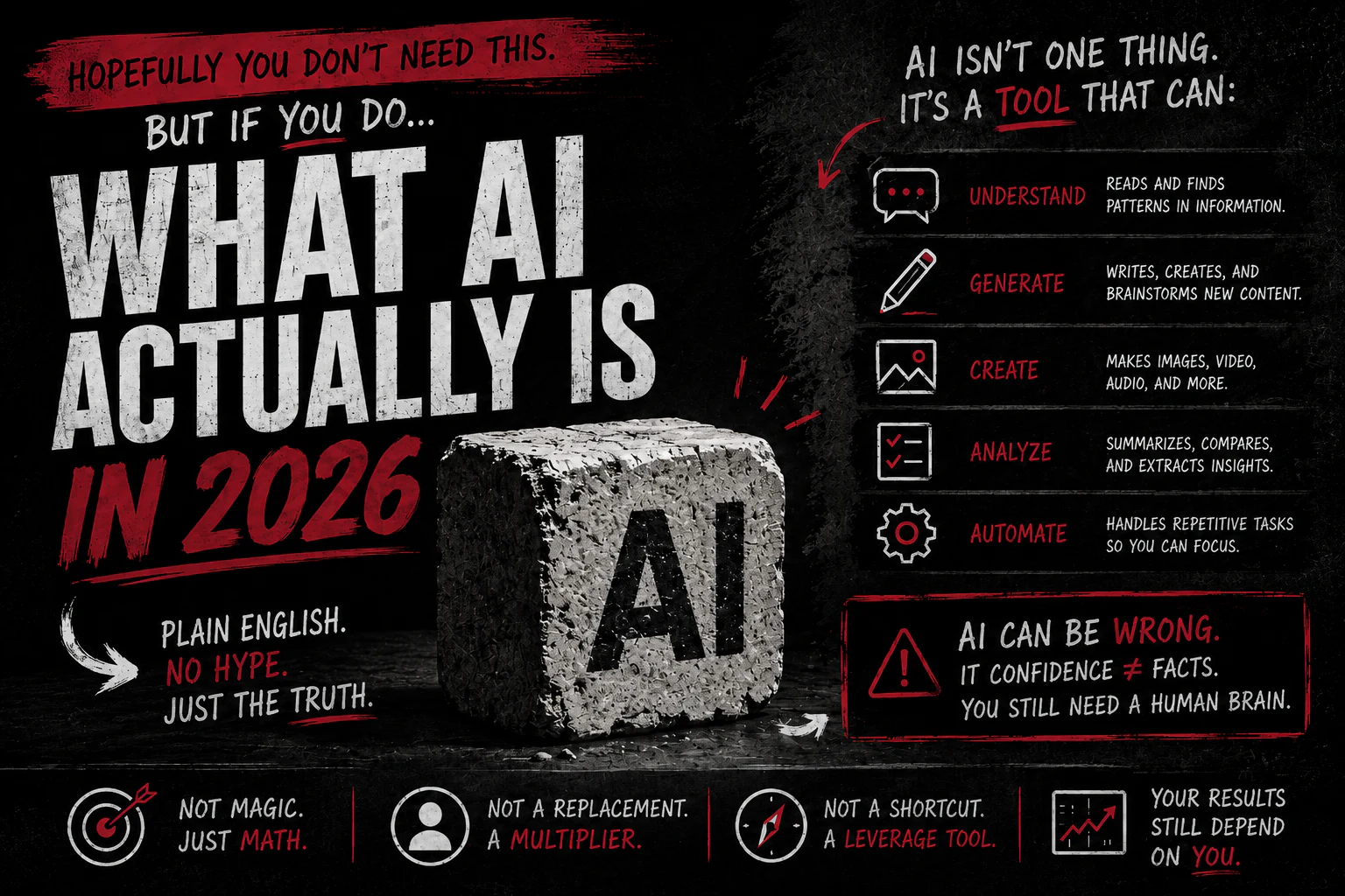 What AI Actually Is in 2026 graphic explaining practical AI capabilities and limitations