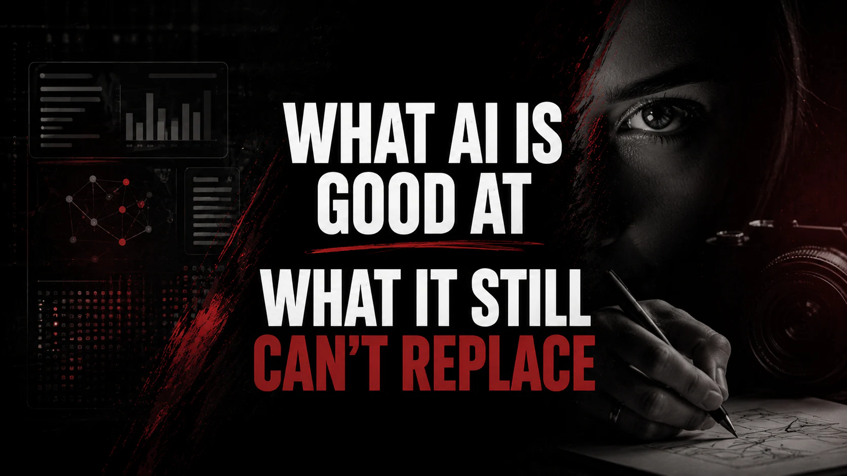 What AI is good at and what it still cannot replace graphic showing data alongside a human creative working with a camera