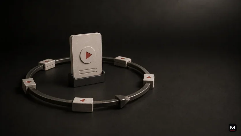 A premium social content lifecycle scene with a video card moving through a circular reuse and distribution path.