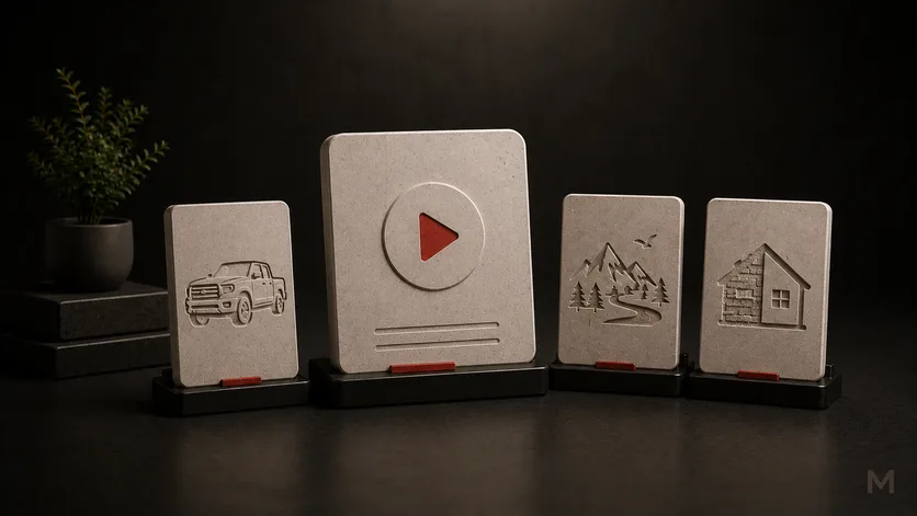 Sculpted video cards showing a truck, play button, outdoor landscape, and renovated home.