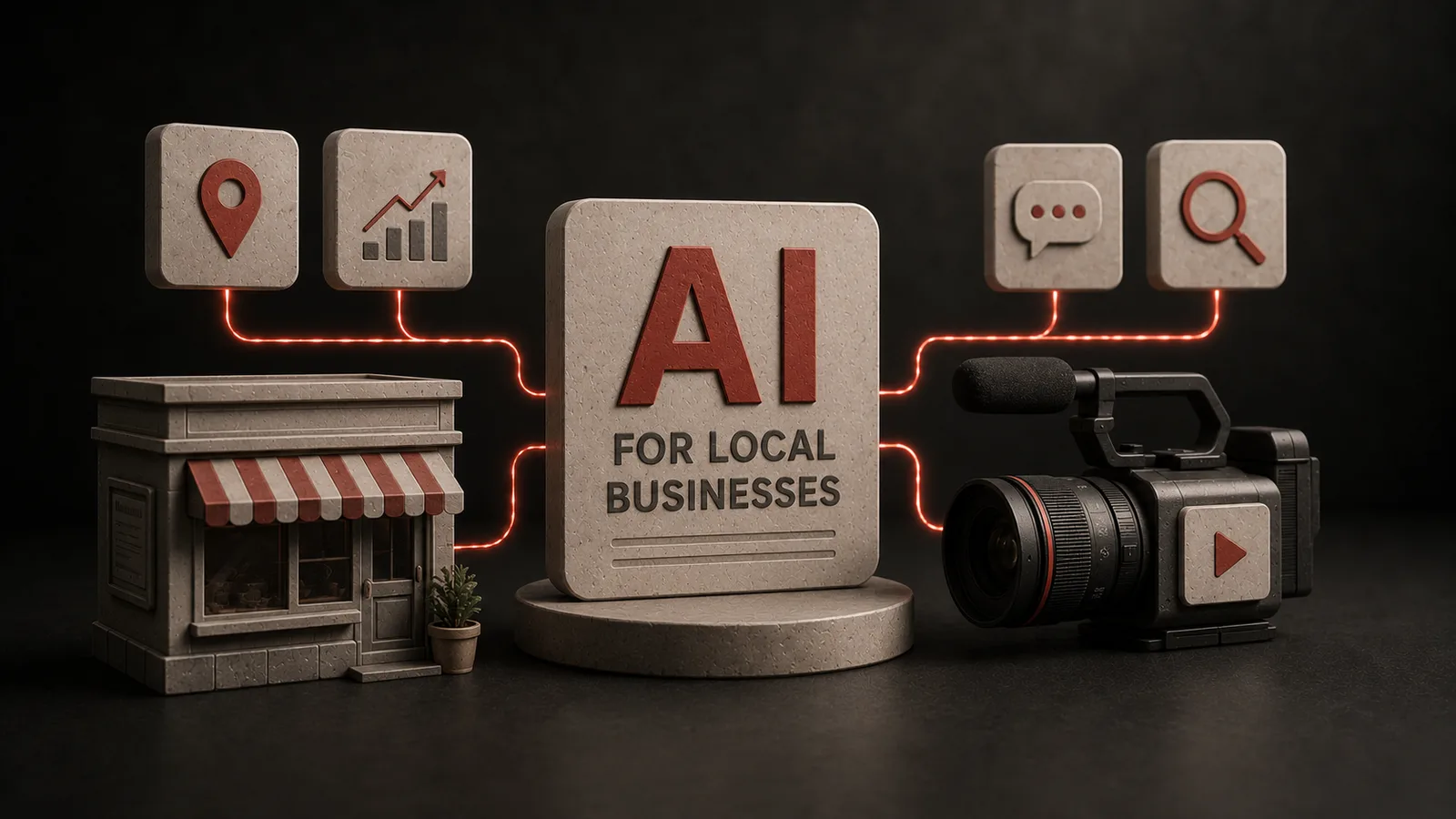 A miniature local storefront and video camera connected by glowing lines to an AI for local businesses panel, location marker, analytics chart, chat bubble, and search icon.