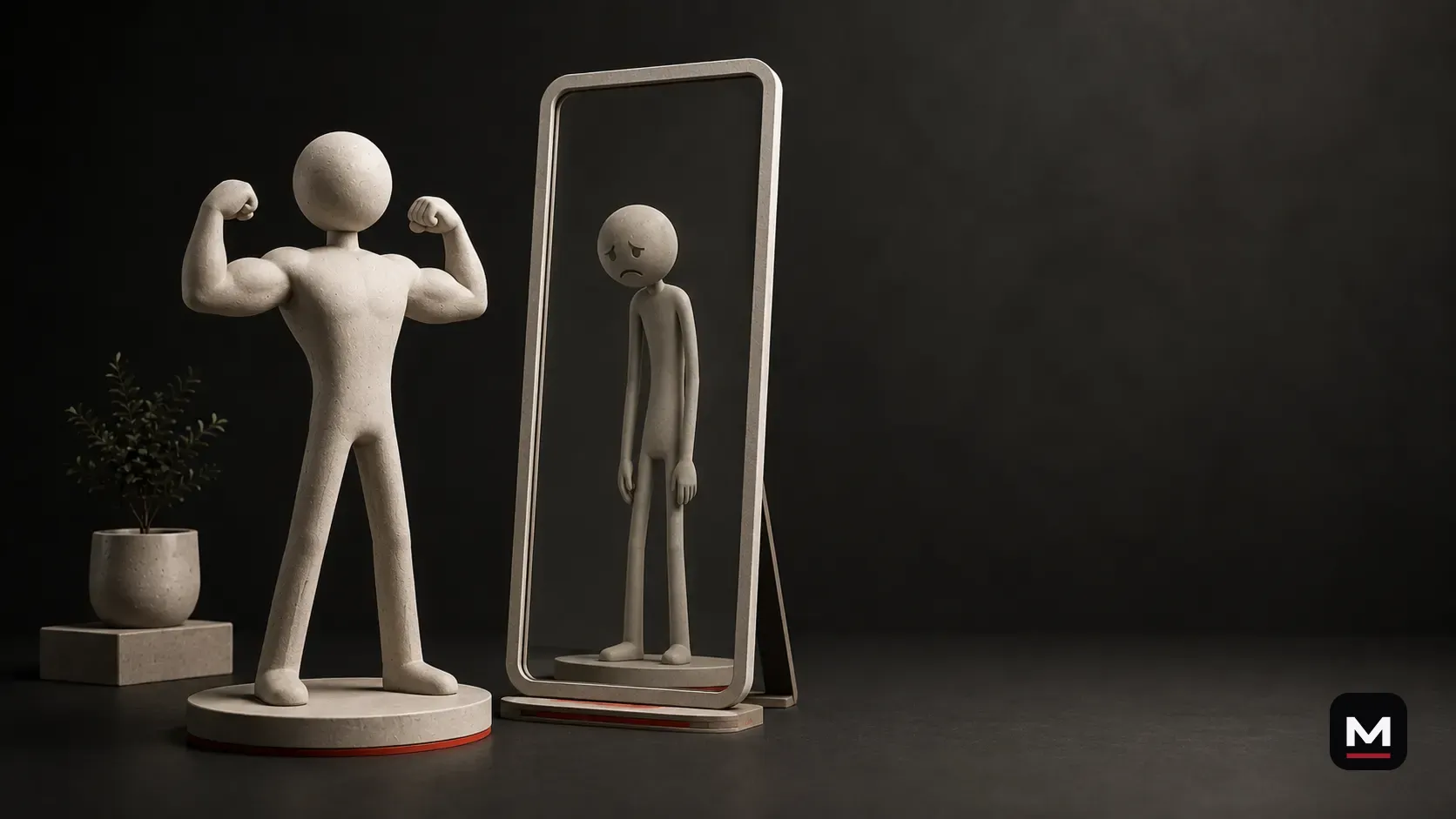 A confident business figure standing beside a mirror that shows a weaker online version.