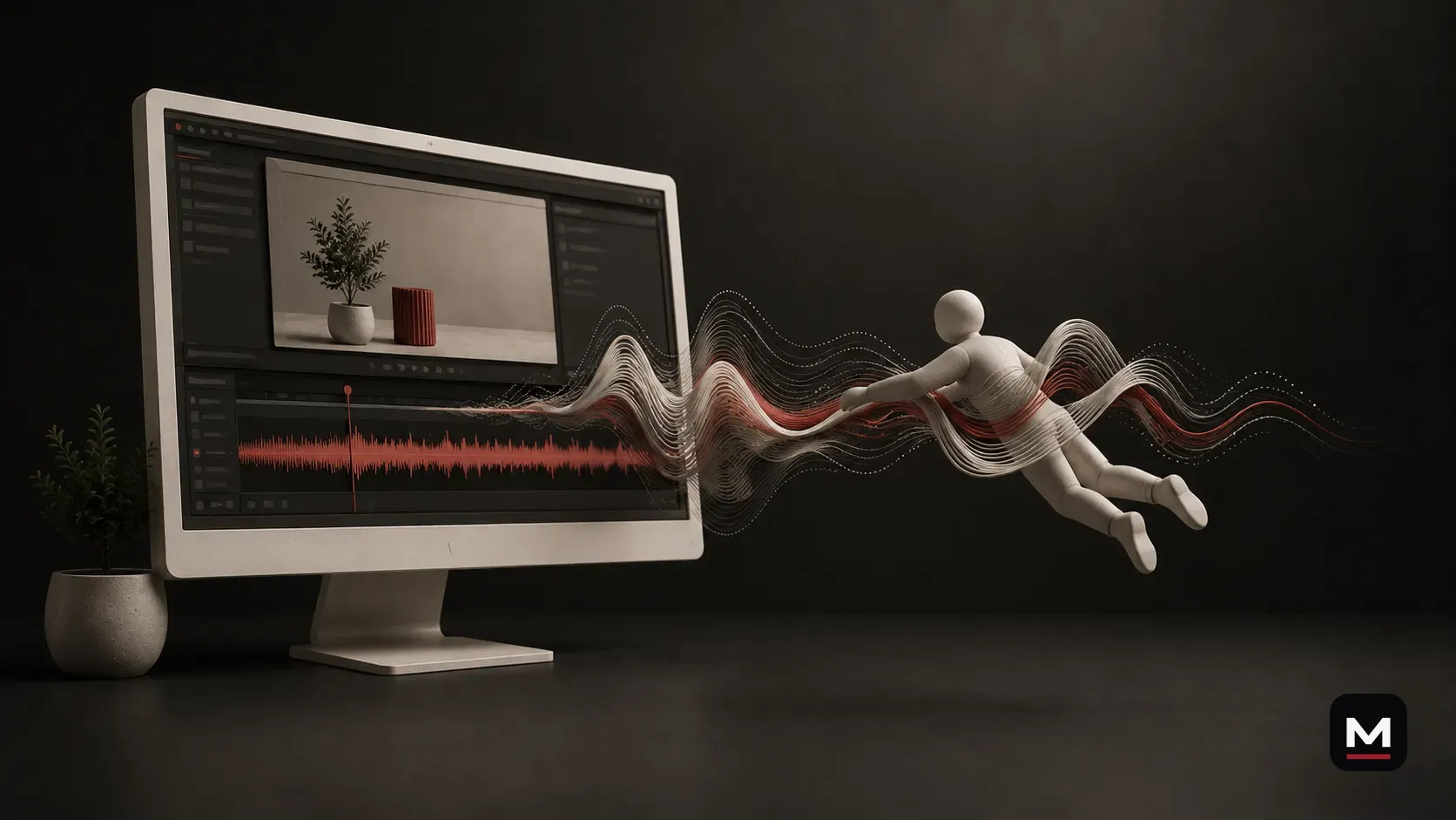 A video editing monitor with layered sound waves pulling a viewer into the finished content.