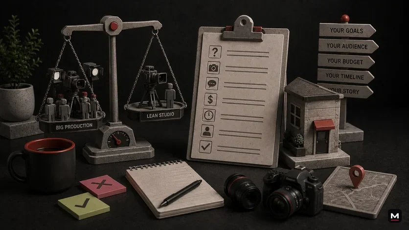 A premium tabletop scene comparing big production and lean studio options beside a checklist for goals, audience, budget, timeline, and story.