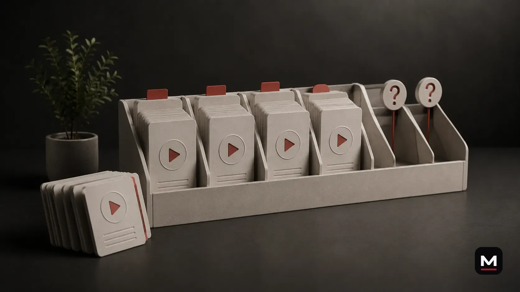 Organized content cards moving through a workflow with empty stages and unanswered questions.