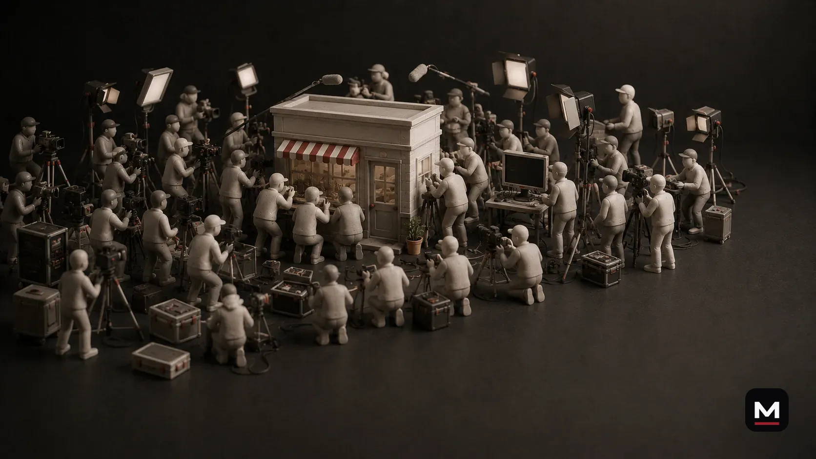 A miniature storefront surrounded by a large video production crew, cameras, lights, monitors, and microphones.