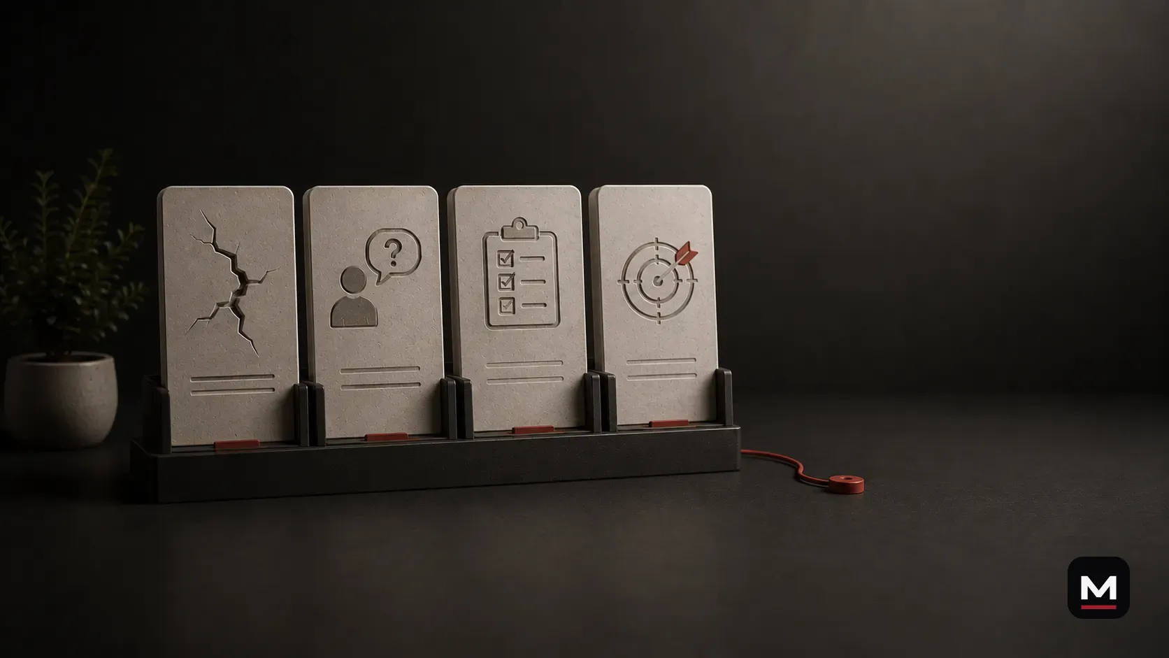 Four diagnostic marketing cards representing problems, buyer questions, testing, and clear goals.