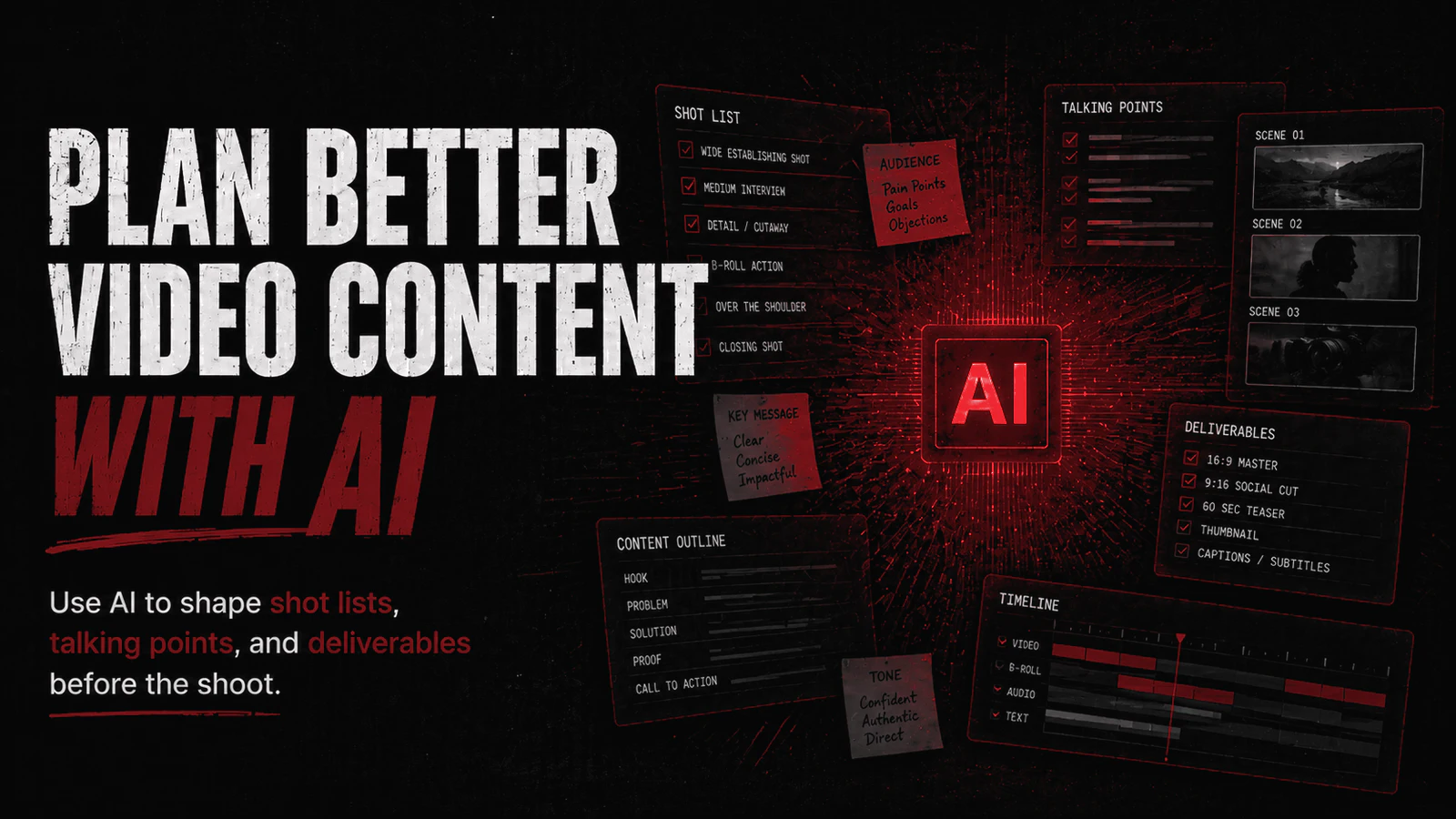 Plan better video content with AI graphic showing shot lists, talking points, deliverables, a content outline, and an editing timeline