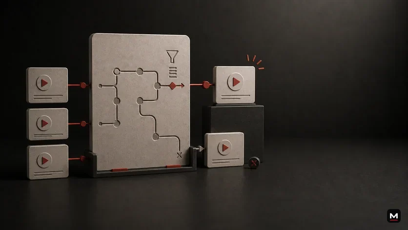 A premium algorithm-routing scene with video cards feeding into a decision board and filtered content outputs.