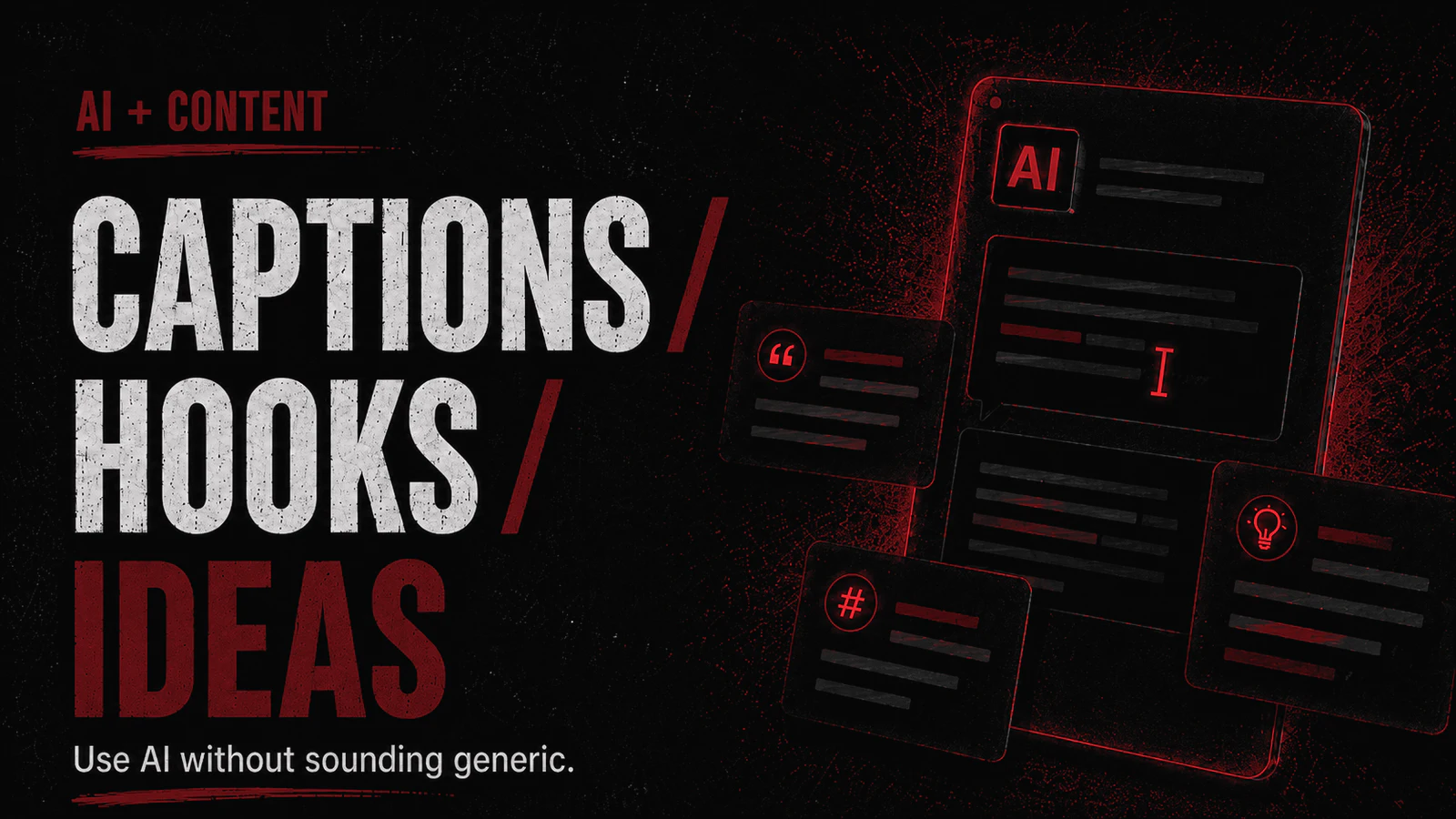 Captions, hooks, and ideas graphic showing AI-assisted content cards and the message to use AI without sounding generic