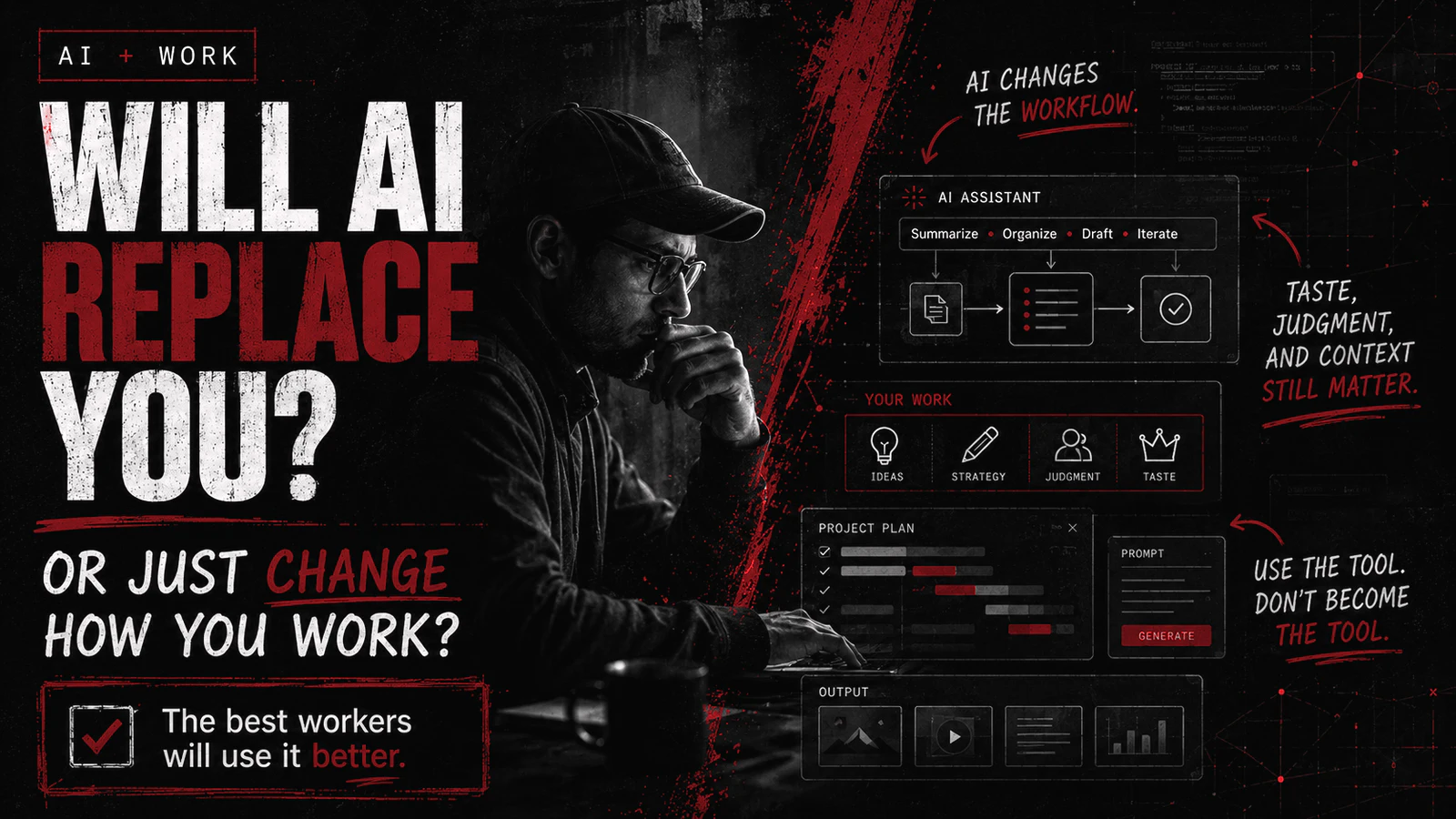 Will AI replace you or change how you work graphic showing a worker using an AI-assisted workflow