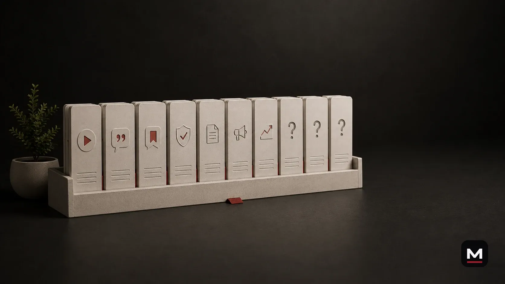 Ten organized content cards showing useful formats and missing gaps in a small-business content library.