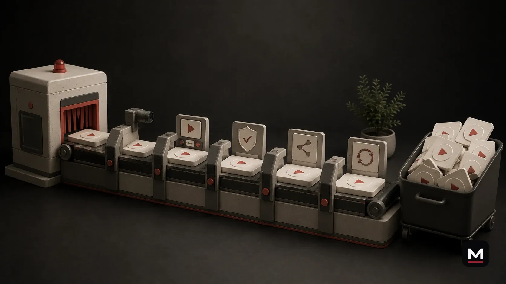 A conveyor workflow moving video content through capture, approval, publishing, and reuse.