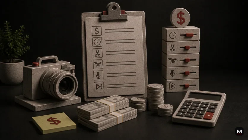 A premium tabletop pricing scene with a camera, calculator, cash, budget checklist, and production cost sliders.