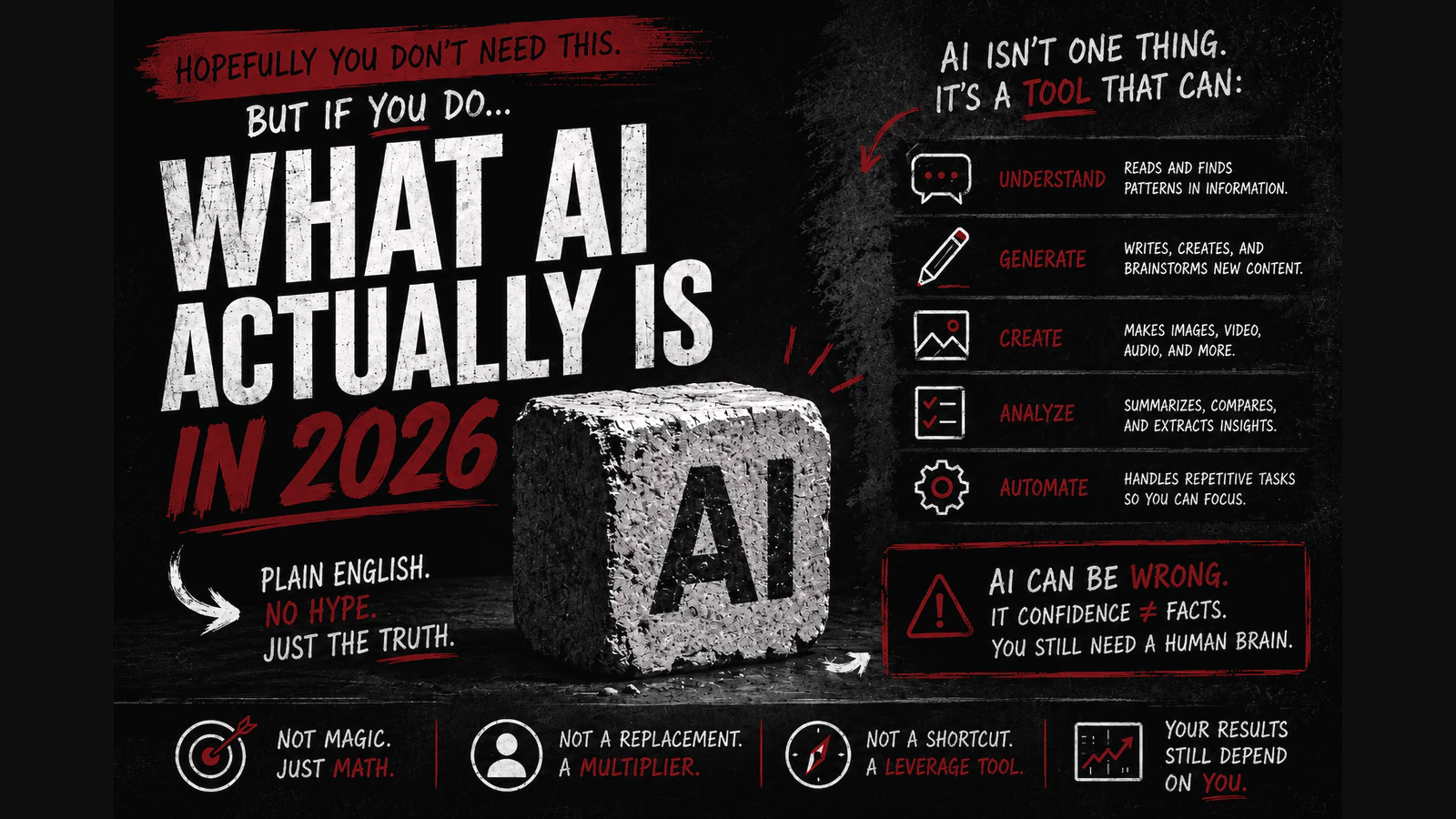 What AI Actually Is in 2026 graphic explaining practical AI capabilities and limitations