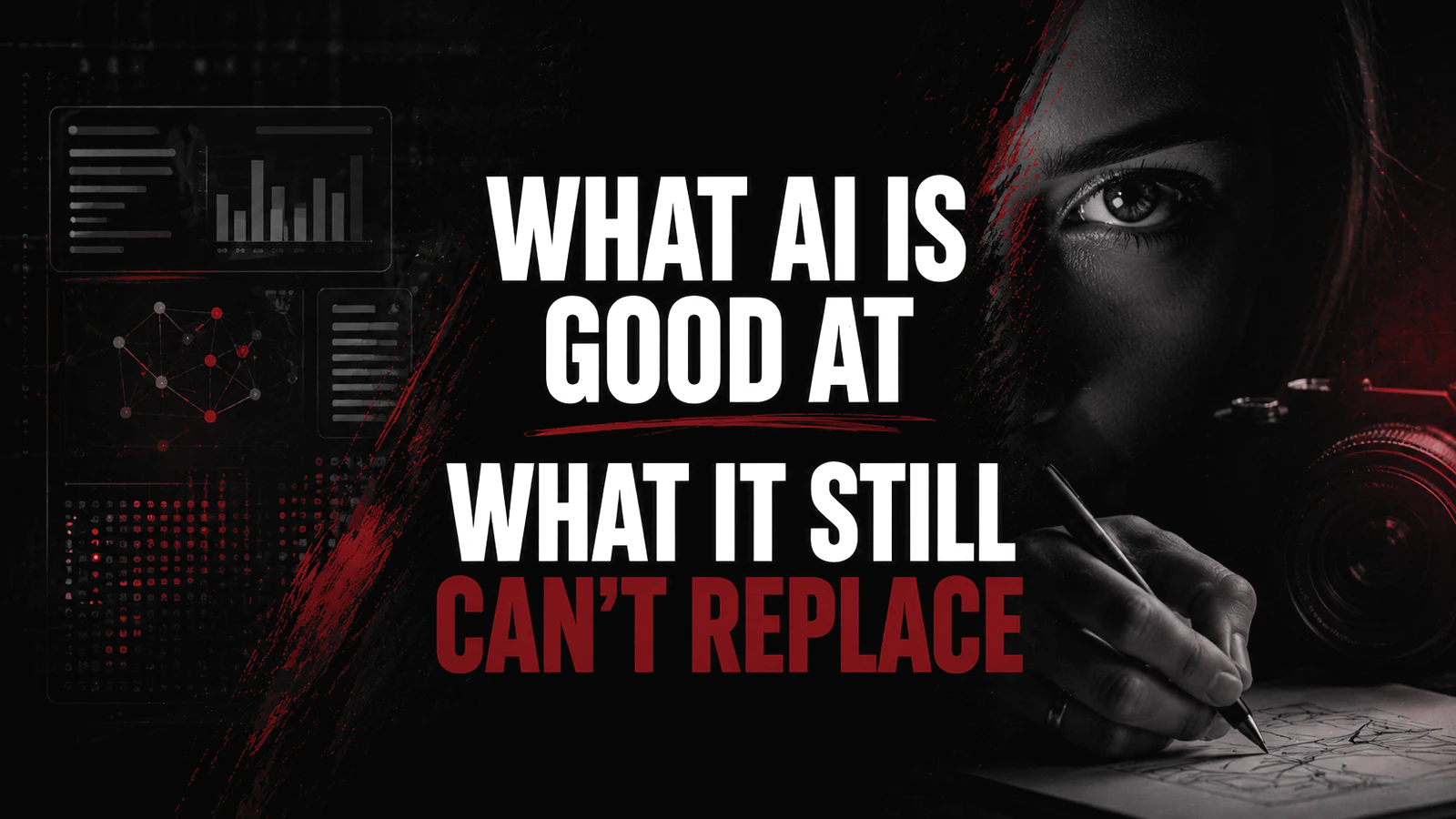 What AI is good at and what it still cannot replace graphic showing data alongside a human creative working with a camera