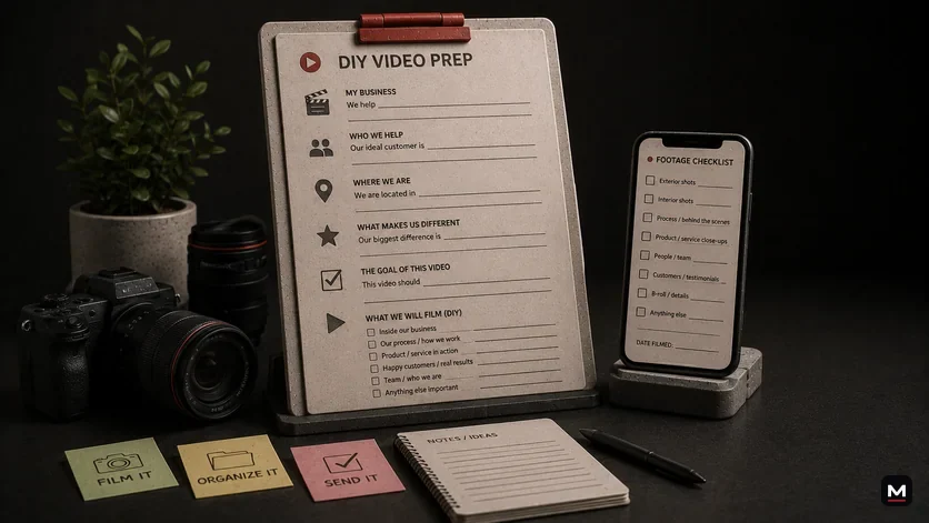 A premium DIY video prep scene with a camera, business checklist, phone footage checklist, notes, and film-organize-send cards.